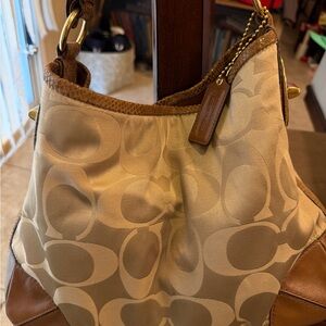COACH PEYTON SIGNATURE SATIN SHOULDER BAG  KHAKI/NUTMEG BEAUTIFUL